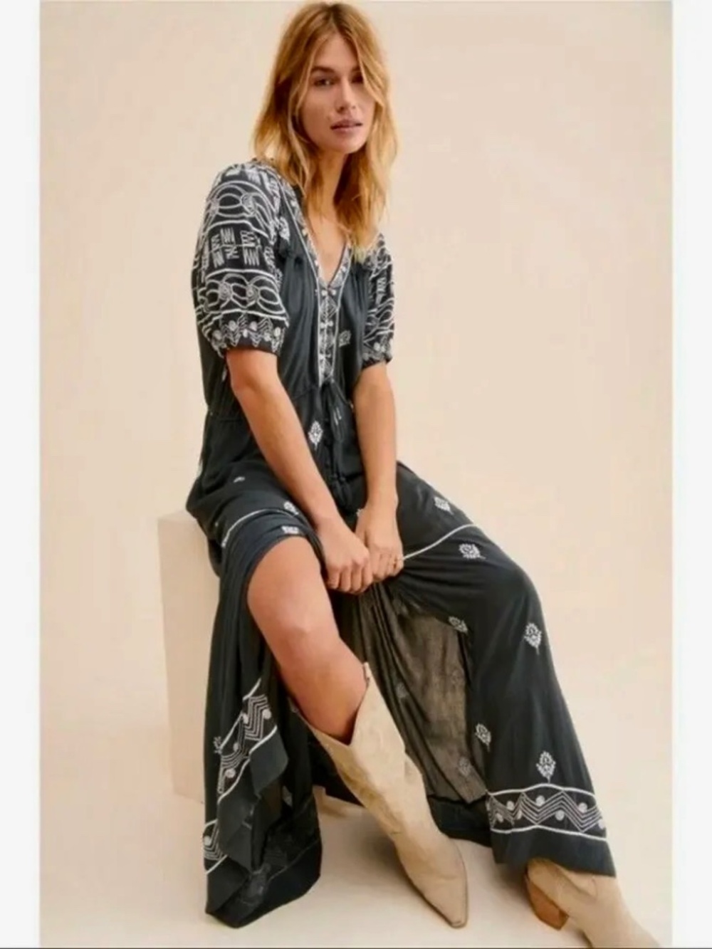 Free People Riley Embroidered Washed Black Maxi Dress *NWT* Size XS